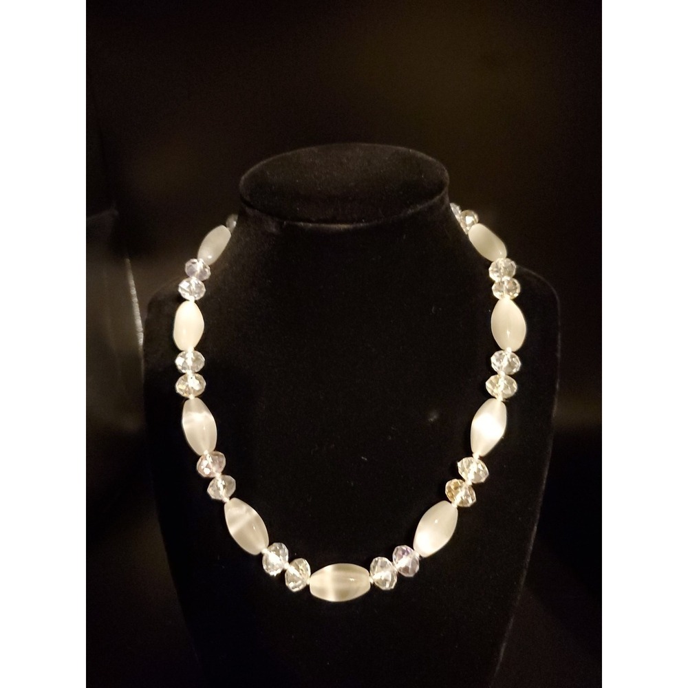 Opaque White And Clear Glass Beaded‎ Necklace 20"